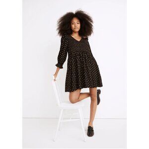 Madewell Large Lucie V Neck Smocked Long Sleeve Mini Dress in Black Oval Dot